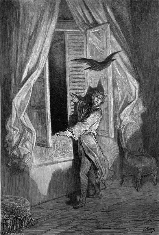 Engraving: a raven flies in through an open shutter past a startled man in a dim chamber.